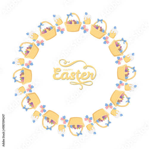 Billede på lærred Easter wreath design featuring baskets of eggs, decorated Easter cakes, and butterflies arranged in a circular composition around “Happy Easter” in yellow script
