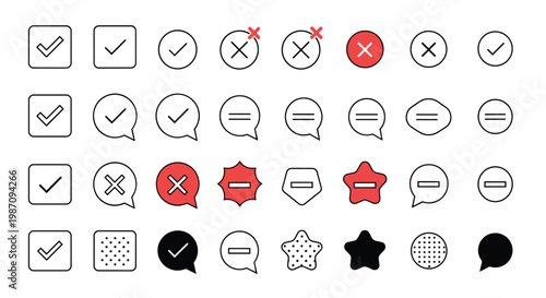 Comprehensive collection of various checkmark, cross, and minus icons in different geometric shapes for user interfaces.