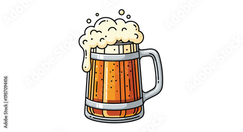 Hand drawn vector illustration of a full glass mug of beer with a thick head of frothy foam on a white background.