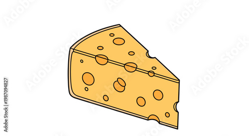 Bright orange wedge of swiss cheese with many holes shown in a three dimensional perspective on a white background.