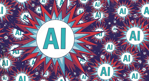 Repeat pattern featuring the letters AI inside multiple comic book style starbursts across a dark blue starry background.