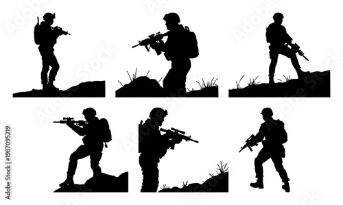 Soldier set with dynamic silhouette in full tactical gear looking over a horizon featuring detail, posture, silhouette with tactical gear and horizon