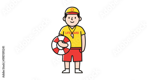 Lifeguard cartoon character holding life preserver.