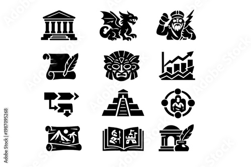 Symbol set myth chart simple fill icon mythology creature generation image temple