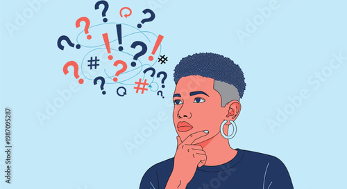 Illustration of a thoughtful person with a short haircut surrounded by a cloud of colorful question marks and symbols.