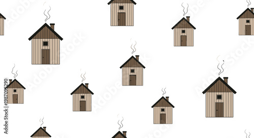 Seamless pattern featuring minimalist wooden cabins with smoking chimneys on a clean white background for a cozy rustic feel.