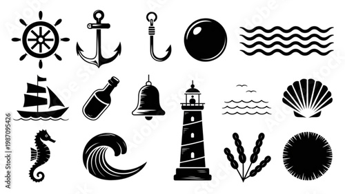 Foto Icon set featuring nautical and maritime symbols with anchors, lighthouses, and