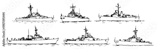 US Navy Destroyer ship set with detailed structure and sailors saluting featuring naval vessel, military transport, warship with ocean and horizon
