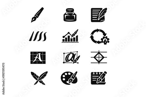 Icon icons calligraphy lettering depicting vector black analytics set arrows pen