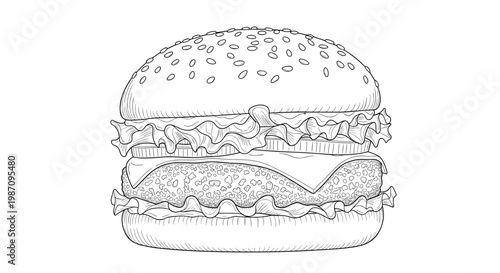 Detailed black and white line art illustration of a delicious burger with lettuce, cheese, tomato, and a patty.