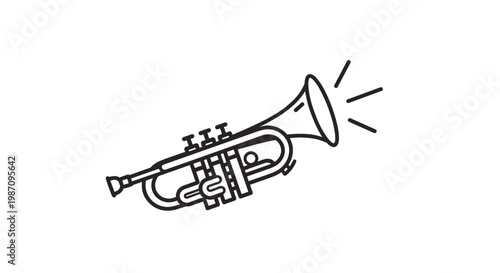 Minimalist black and white line art illustration of a trumpet instrument producing sound waves over a white background.