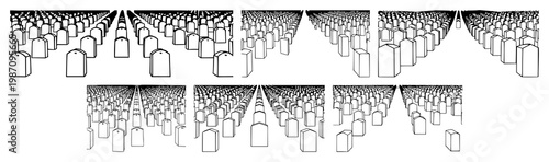 Headstone set with perspective drawing of endless geometric rows of white monuments stretching to horizon featuring cemetery, graves, minimalist line art with depth and spatial illusion
