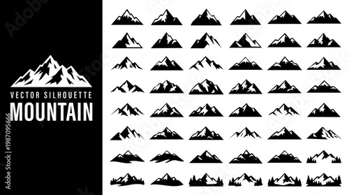 Collection of diverse mountain silhouettes in black and white vector style