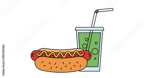 Simple illustration of a classic hot dog with mustard next to a cup of green soda with a straw on a white background.