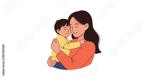 Heartwarming illustration of a mother with long dark hair tenderly hugging her young child on a plain white background.