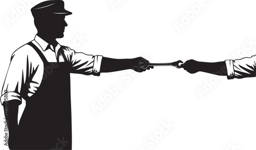 Vintage Style Silhouette Illustration of a Factory Worker in an Apron Handing a Wrench to a Colleague, Concept of Industrial Labor and Teamwork in Black and White