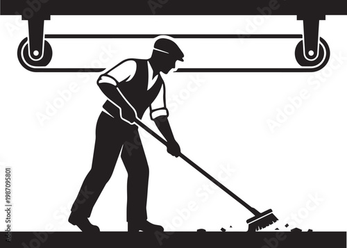 Vintage silhouette illustration of a Victorian era factory worker sweeping the floor in an early industrial workshop with pulley and belt machinery.