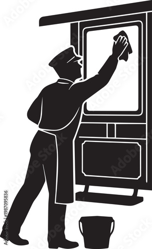 Black and White Silhouette of a Victorian Era Railway Worker Cleaning a Train Carriage Window with a Cloth and Bucket, Vintage Professional Service Illustration