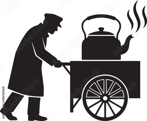 Silhouette of a Victorian-era street vendor pushing a wooden cart with a large steaming kettle, representing a traditional tea or coffee seller in a minimalist vintage style.