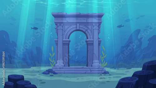 Mysterious underwater ancient archway surrounded by deep blue waters