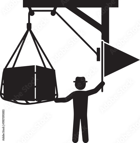 Silhouette of a Victorian-era dock worker signaling with a flag to hoist a large cargo crate using a vintage industrial crane system