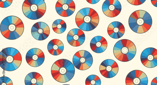 Fun and vibrant seamless pattern of multi colored circular discs resembling vinyl records or color wheels on a cream background.