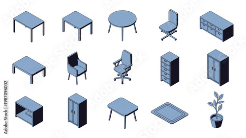Collection of stylized office and dining furniture in isometric view