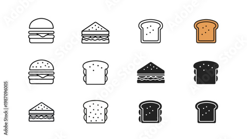 Fast Food Icon Set – Burger, Sandwich and Bread in Outline, Solid and Flat Styles for UI, Menu and App Design