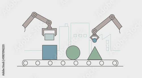 Industrial robotic arms handling shapes.