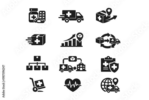 Package simple medicine generation vector diagram icon medical symbol delivery arrows fill
