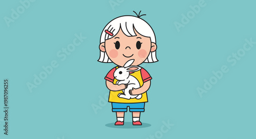 Little girl holding white rabbit.