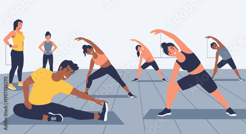 People doing yoga poses together outside.