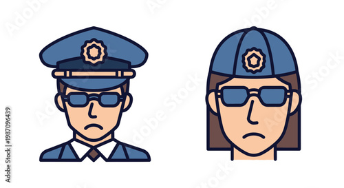 Cartoon police officer and woman faces.
