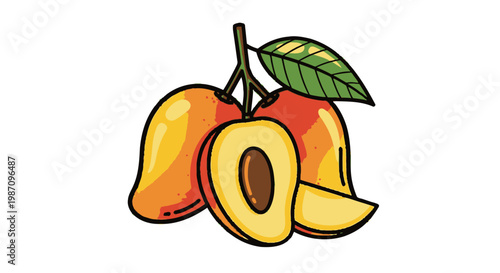 Fresh sliced peaches with green leaf.