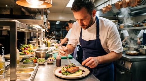 A professional chef carefully plating a gourmet dish in a modern kitchen, adding final touches with precision, surrounded by fresh ingredients, showcasing culinary artistry and fine dining preparation