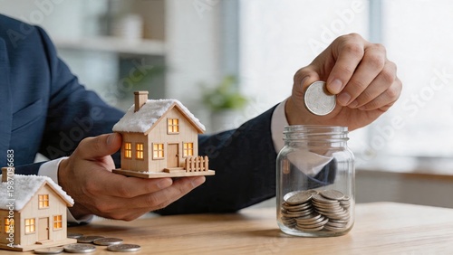Businessman holding miniature wooden house with lit windows in one hand putting coin into glass jar filled with money on wooden table financial planning for housing or savings