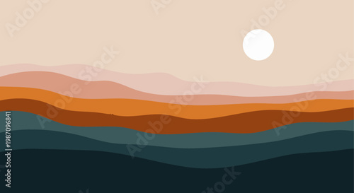 Abstract landscape with layered hills and a bright circular sun