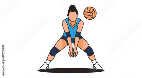 Woman playing volleyball in blue uniform.