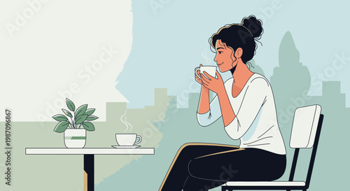 Woman Sitting and Drinking Coffee.