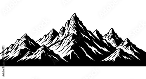 Dramatic mountain range illustration in stark black and white style