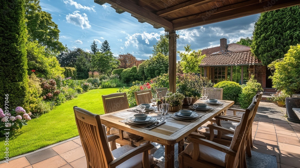 Fototapeta premium Serene Garden Patio: Luxurious Outdoor Dining Experience