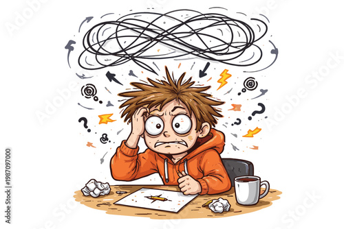 Image small icon person exaggerated messy overthinking loop problem simple vector doodle