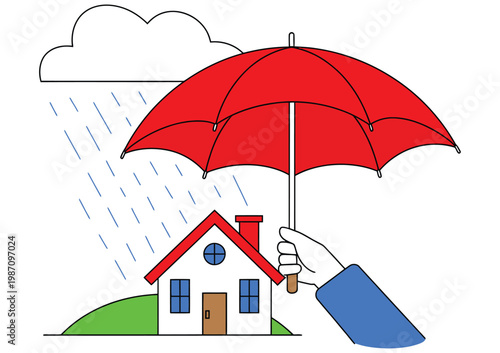 Home insurance and property protection concept showing businessman holding red umbrella over house in rain vector illustration