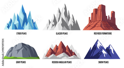 Stylized illustrations of various mountain peaks and geological formations