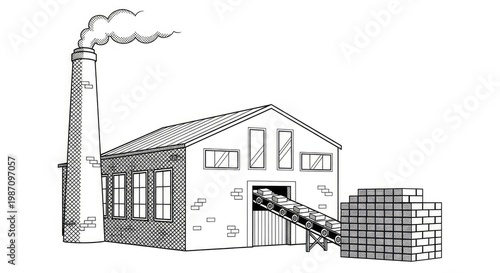 Factory building illustration with smoke stack and brick pile on white background