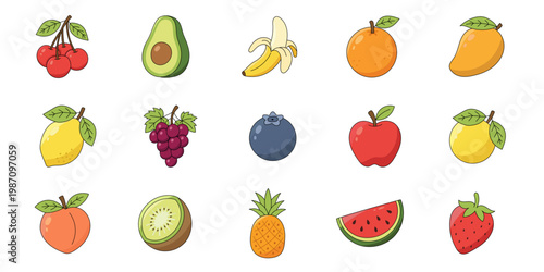 Set of Colorful Hand Drawn Fruit Icons