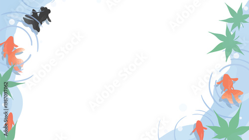 Top View Goldfish Diagonal Frame with Ripple Shadow and Green Maple Leaves Vector 16:9 Horizontal Banner Transparent Background | 金魚 フレーム 俯瞰 青紅葉 波紋 和風 動画 バナー
