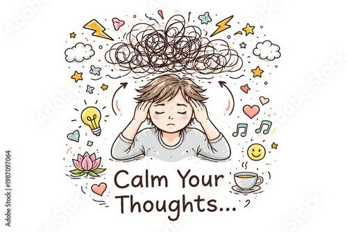 Doodle hand drawn simple image vector icon person trying thoughts to messy calm