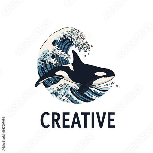 Stylized orca killer whale swimming in a blue ocean wave with creative text