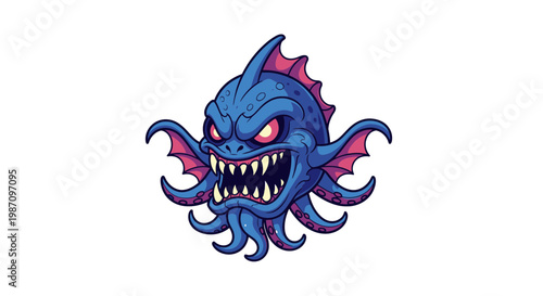 Blue cartoon monster head with tentacles.